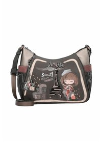 Mehrfarbige Schultertasche aus Leder, mit verspielten Pariser Illustrationen, einem Motiv des Eiffelturms und dekorativen Charms.