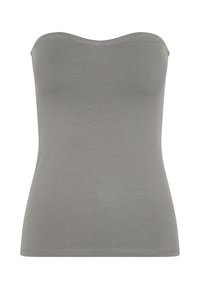 Top gris sin mangas hecho de una tela suave. Diseño ajustado con un escote curvado y dobladillos sin terminar. Sin patrones visibles ni detalles de hardware.