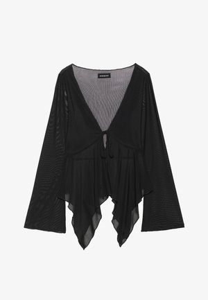 Blusa negra transparente con mangas largas de campana, escote profundo en V y detalle de lazo en el frente. Presenta un dobladillo fluido y estratificado con una sutil textura.