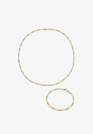 Goldfarbene Kettenhalskette und Armband-Set, das ovale und runde Glieder mit einer polierten Oberfläche zeigt und ein strukturiertes Muster sowie einen Verschluss aufweist.