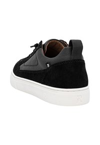 Black sneaker featuring a combination of smooth leather and suede, white rubber sole, and textured accents. Lace-up closure with a heel tab.