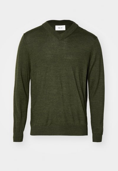 Olive green v-neck sweater made of soft knit material; long sleeves, ribbed cuffs and hem; minimalistic label on the neckline.
