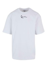 Biele bavlnené tričko s krátkymi rukávmi, so čiernym vyšitým podpisovým logom na hrudi a okrúhlym výstrihom.