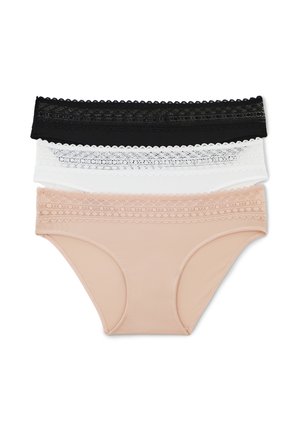 Trois paires de sous-vêtements féminins en noir, blanc et nude, avec des ceintures en dentelle et un corps en tissu lisse.