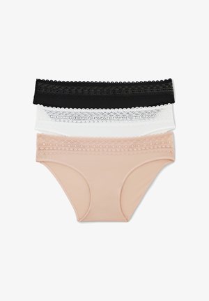 Trois paires de sous-vêtements féminins en noir, blanc et nude, avec des ceintures en dentelle et un corps en tissu lisse.