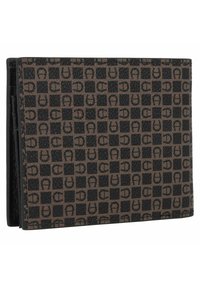Portefeuille bifold en matériau brun texturé avec un design à motifs en carrés noirs et des accents en relief. Les bords sont cousus.