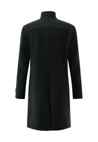 Schwarzer Wollmantel mit gerader Silhouette, Stehkragen und langen Ärmeln. Verfügt über klare Linien und eine glatte Textur. Rückansicht dargestellt.