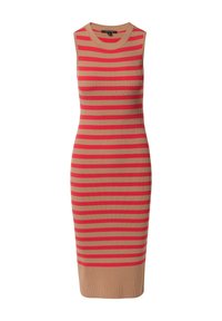 Abito a coste senza maniche con righe orizzontali in beige e rosso. L'abito ha una silhouette aderente e un taglio al ginocchio.