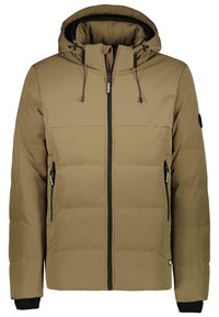 Brun vadderad jacka med huva, svarta dragkedjor, sidofickor och ribbade ärmslut, med en jämn textur och en ren design.