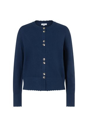 Marineblauer Cardigan mit langen Ärmeln, rundem Ausschnitt, goldenen Knöpfen vorne und gewellten Kanten am Kragen, den Manschetten und am Saum.