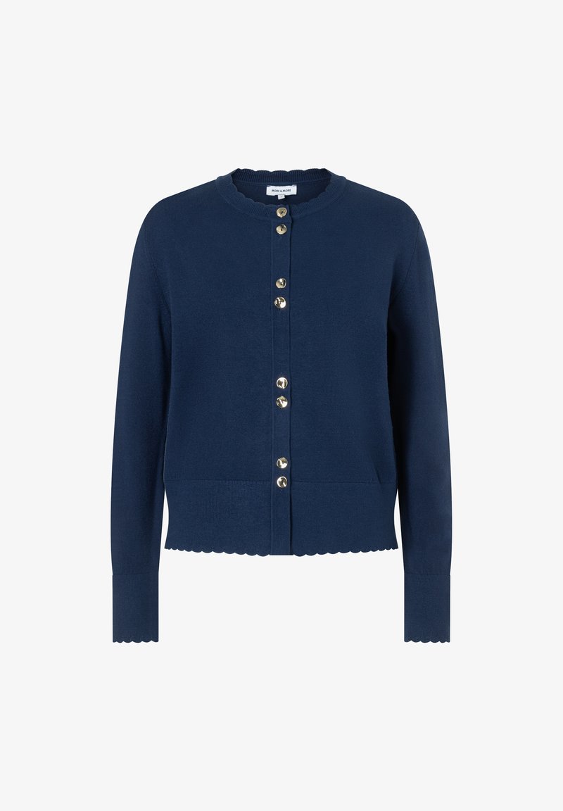 Navy blue long-sleeve cardigan with round neck, gold buttons down the front, and scalloped edges on collar, cuffs, and hem.