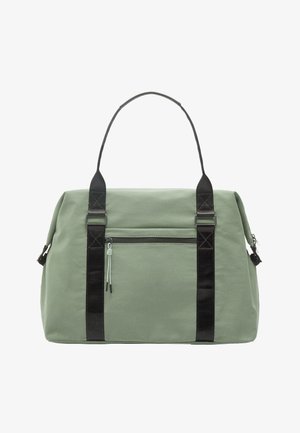 Zielona torba materiałowa z czarnymi paskami, przednią kieszenią na zamek i pojedynczą pętlą uchwytu na górze.