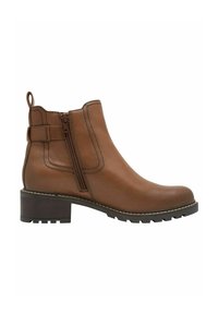 Brown leather ankle boot with side zipper, low block heel, loop pull tab, and treaded rubber sole.
