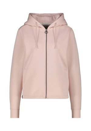 Helle rosafarbene Zip-Hoodie aus einem Baumwollmix. Verfügt über eine Kapuze mit Kordelzug, gerippte Bündchen und zwei Seitentaschen.