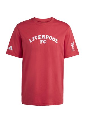 Rød kortærmet T-shirt med "LIVERPOOL FC" tekst på brystet og hvide Liverpool FC-logoer på begge ærmer.