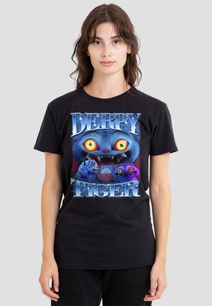 Young woman wearing black T-shirt with colorful graphic of three wide-eyed cartoon tigers and the words "DERPY TIGER" in bold letters.
