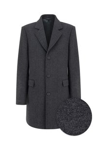 Ciemnoszary wełniany płaszcz z klapami, sześcioma guzikami i dwiema przednimi kieszeniami. W połączeniu z detalem tekstury pokazującym wzór tkaniny.