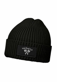 Black ribbed knit beanie hat with folded cuff featuring a patch label displaying "valhalla" text and two crossed Viking axes in white.