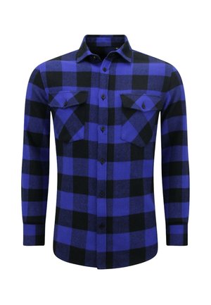 Blauw en zwart geruite flanellen shirt met een kraag, lange mouwen en twee borstzakken. Beschikt over een knoopsluiting aan de voorkant en een zachte textuur.