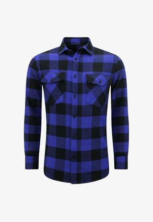 Blauw en zwart geruite flanellen shirt met een kraag, lange mouwen en twee borstzakken. Beschikt over een knoopsluiting aan de voorkant en een zachte textuur.