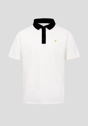 Biele polokošeľa s krátkym rukávom, čiernym golierom a zapínaním na gombíky, s malým žltým logom vtáka na ľavej hrudi.