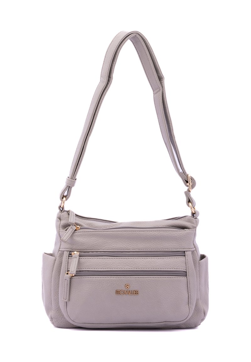 Borsa a tracolla grigia in pelle con tracolla regolabile, molteplici tasche con zip, texture liscia e dettagli in metallo dorato.