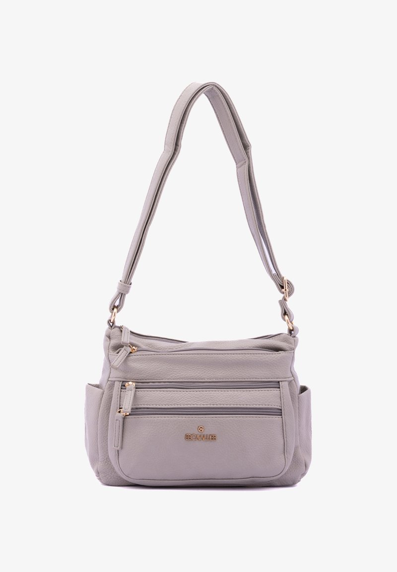 Borsa a tracolla grigia in pelle con tracolla regolabile, molteplici tasche con zip, texture liscia e dettagli in metallo dorato.