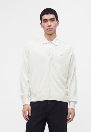 Jeune homme portant un cardigan blanc boutonné sur une chemise blanche à col et un pantalon noir sur un fond blanc uni.
