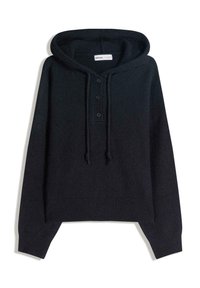 Hanorac bleumarin închis cu glugă și tricotaj texturat, prevăzut cu o pată cu nasturi și șnururi reglabile la glugă. Design cropped, manșete drepte.