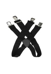 Bretelles élastiques noires avec quatre clips réglables et un connecteur triangulaire au centre, présentant une texture lisse et un design minimaliste.