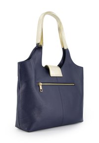 Mørkeblå læder tote taske med metallisk guldhåndtag og detaljer. Har en frontlomme med lynlås og tekstureret overflade. Robust design med et rummeligt interiør.