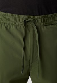 Grønne shorts med elastisk linning og snøring, laget av glatt, lett stoff og med et enkelt design. Ingen synlige mønstre eller beslag.