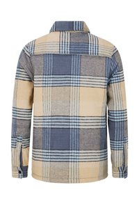 Chemise à carreaux avec un motif bleu, beige et marine. Elle possède un col, des manches longues et un ourlet droit, fabriquée à partir d'un tissu texturé.
