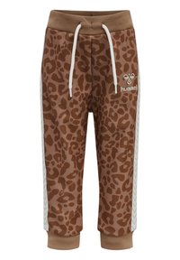 Bruine sweatpants met luipaardprint en witte zijstreep, elastische tailleband en trekkoord. Gemaakt van zachte stof met geribbelde boorden.
