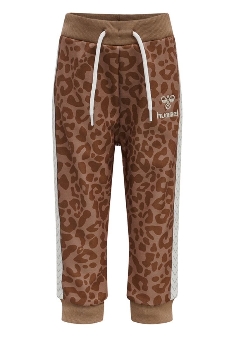 Bruine sweatpants met luipaardprint en witte zijstreep, elastische tailleband en trekkoord. Gemaakt van zachte stof met geribbelde boorden.