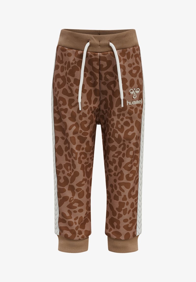 Bruine sweatpants met luipaardprint en witte zijstreep, elastische tailleband en trekkoord. Gemaakt van zachte stof met geribbelde boorden.