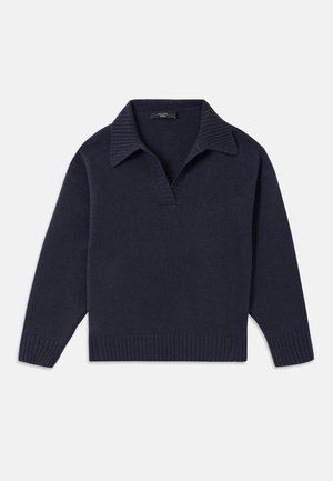 Navy knit pullover with a ribbed collar, half-placket, and ribbed hem. Features long sleeves and a relaxed fit. Soft texture.