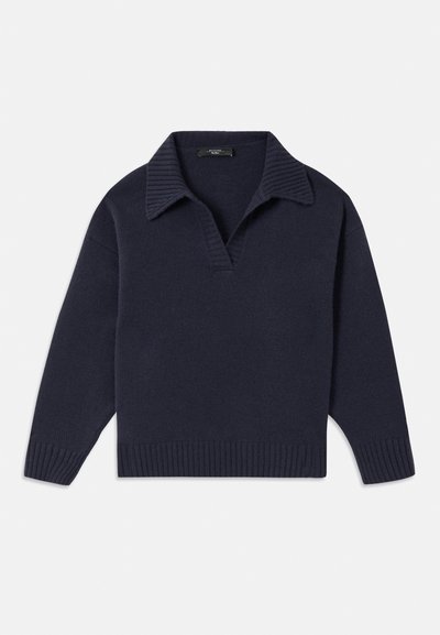 Navy knit pullover with a ribbed collar, half-placket, and ribbed hem. Features long sleeves and a relaxed fit. Soft texture.