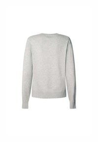 Maglione grigio chiaro con maniche lunghe, collo a giro e polsini a costine. Tessuto morbido e pattern uniforme senza decorazioni visibili.