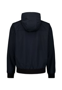 Marineblauwe hoodie met elastische manchetten en zoom, gemaakt van een gladde, waterafstotende stof en met een minimalistisch ontwerp.