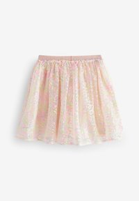 Falda de tul rosa, de tela fruncida con lentejuelas multicolores, con una cinturilla elástica y un diseño ligero en capas.