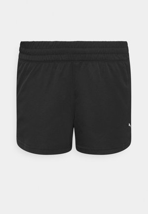 Pantalones cortos deportivos negros con una cinturilla elástica, textura suave y un pequeño logotipo como acento. Diseño simple y ajustado con una longitud por encima de la rodilla.