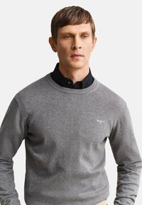 Mann mit kurzen braunen Haaren, der einen grauen Pullover mit Rundhalsausschnitt über einem schwarzen Hemd mit Kragen trägt, steht vor einem weißen Hintergrund.