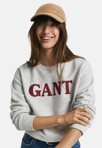 Grijze sweatshirt met rode "GANT" opdruk, gecombineerd met een beige pet. De materialen lijken zacht en casual, met een relaxed fit ontwerp.