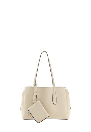 Beżowa torebka z dwoma długimi paskami oraz dopasowany mały woreczek na suwak przymocowany do jednego z pasków.