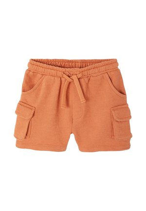 Orangefarbene Shorts in Kleinkindergröße mit elastischem Bund, Kordelzug, seitlichen Militärtaschen und vorderen Taschen aus strukturiertem Stoff.