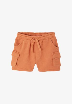 Orange toddler-sized shorts with elastic waistband, drawstring, side cargo pockets, and front hand pockets in textured fabric.