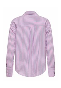 Chemise rose à manches longues avec des rayures noires et bleues, verticales et horizontales, vue de dos, avec poignets boutonnés et col.