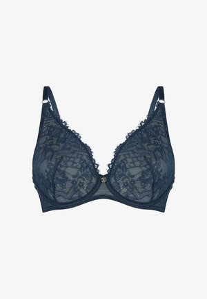 Marineblaue Spitzenunterwäsche mit dreieckiger Form, bestickten Blumenmustern, gewellten Kanten und einem zentralen dekorativen Hardware-Detail.