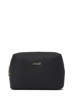 Trousse à maquillage rectangulaire noire avec une fermeture éclair dorée et le logo "LIU JO" centré sur le devant.